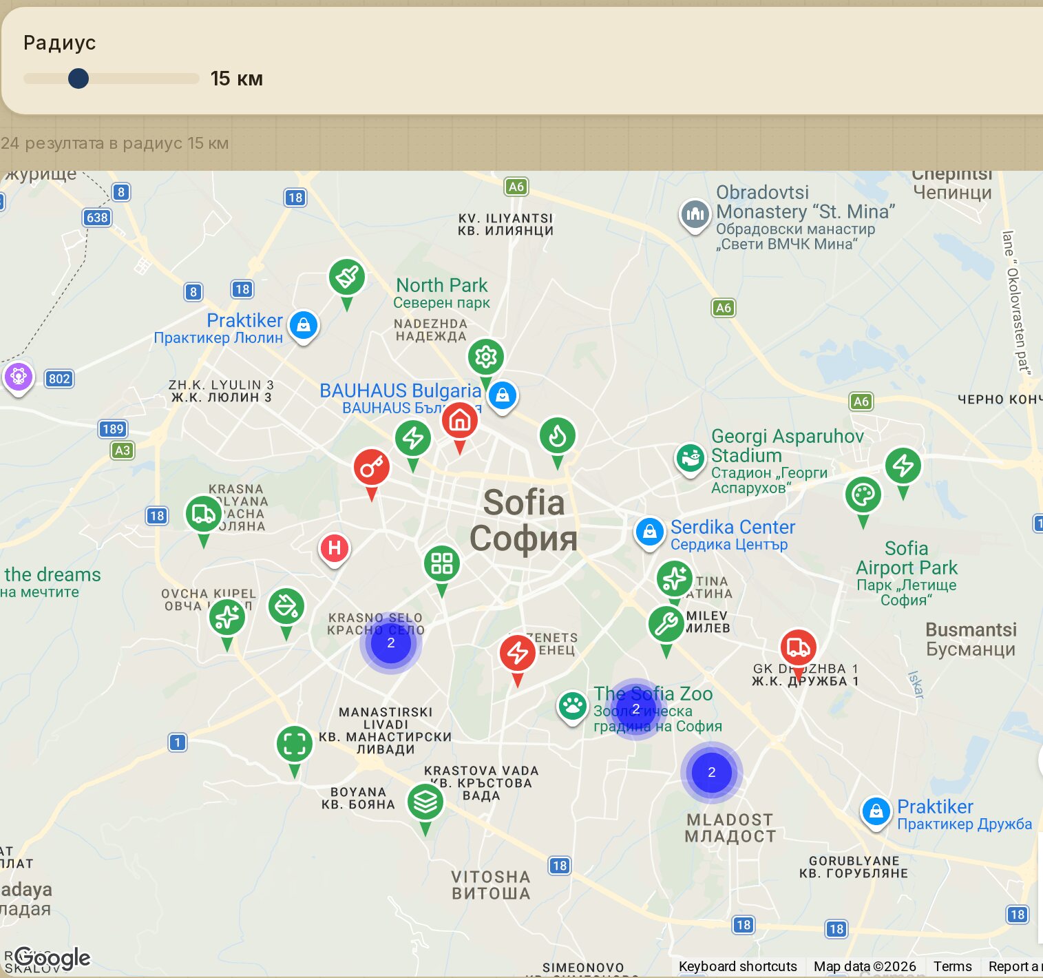 Екран Карта от SnapFix — заявки по категория в кварталите на София, червените щифтове са спешни